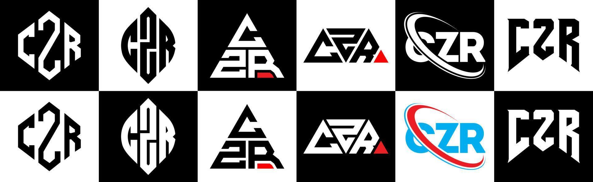 diseño de logotipo de letra czr en seis estilos. polígono czr, círculo, triángulo, hexágono, estilo plano y simple con logotipo de letra de variación de color blanco y negro en una mesa de trabajo. logotipo minimalista y clásico de czr vector