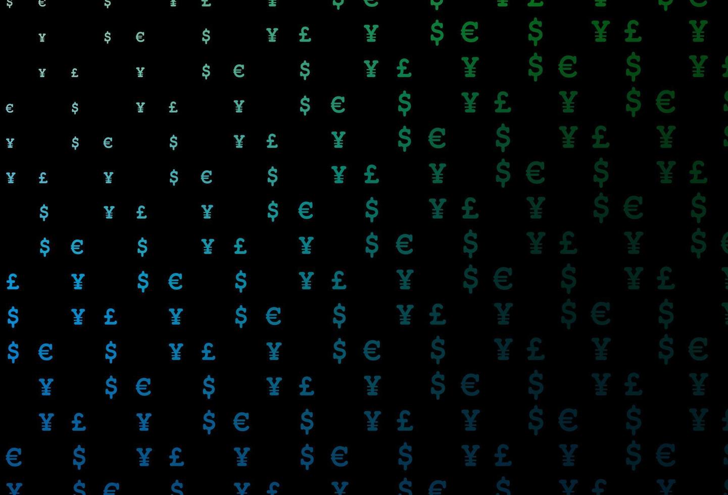 Dark blue, green vector background with EUR, USD, GBP, JPY.