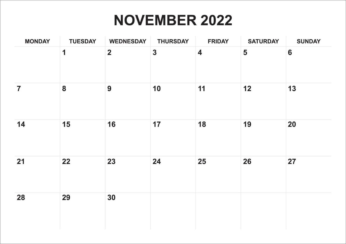 calendar november 2022 start on monday vector