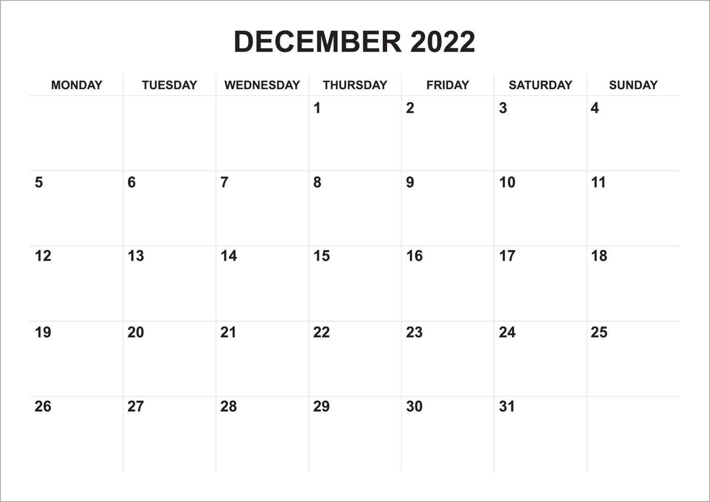 calendario diciembre 2022 comienza el lunes vector