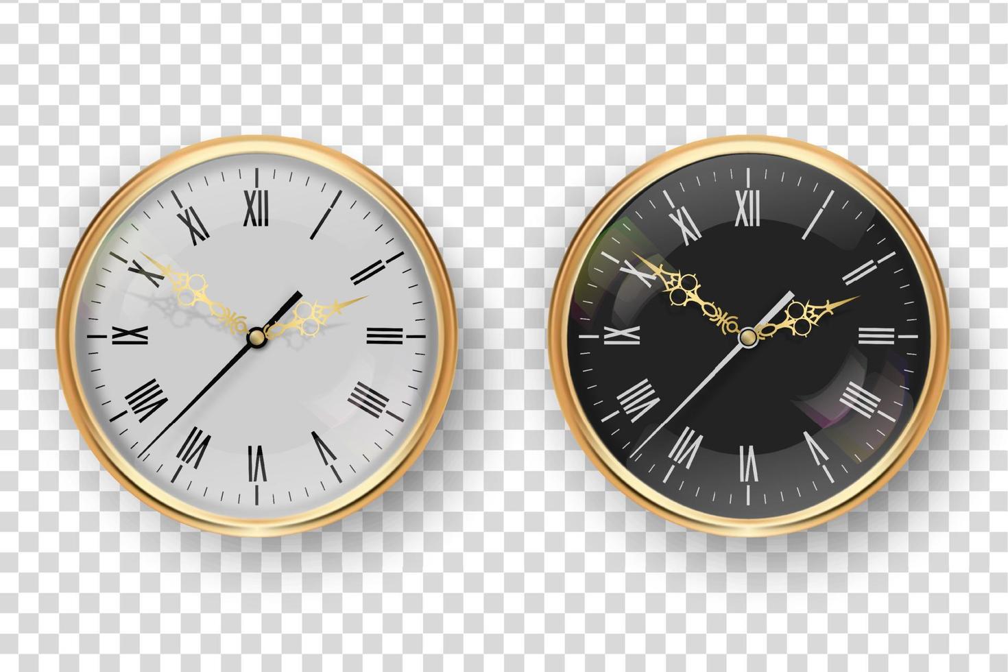 Vector 3d Realistic Classic Metal Golden Wall Office Clock Icon Set Closeup. White and Black Dial with Roman Numeral. Design Template for Mockup. Front View.