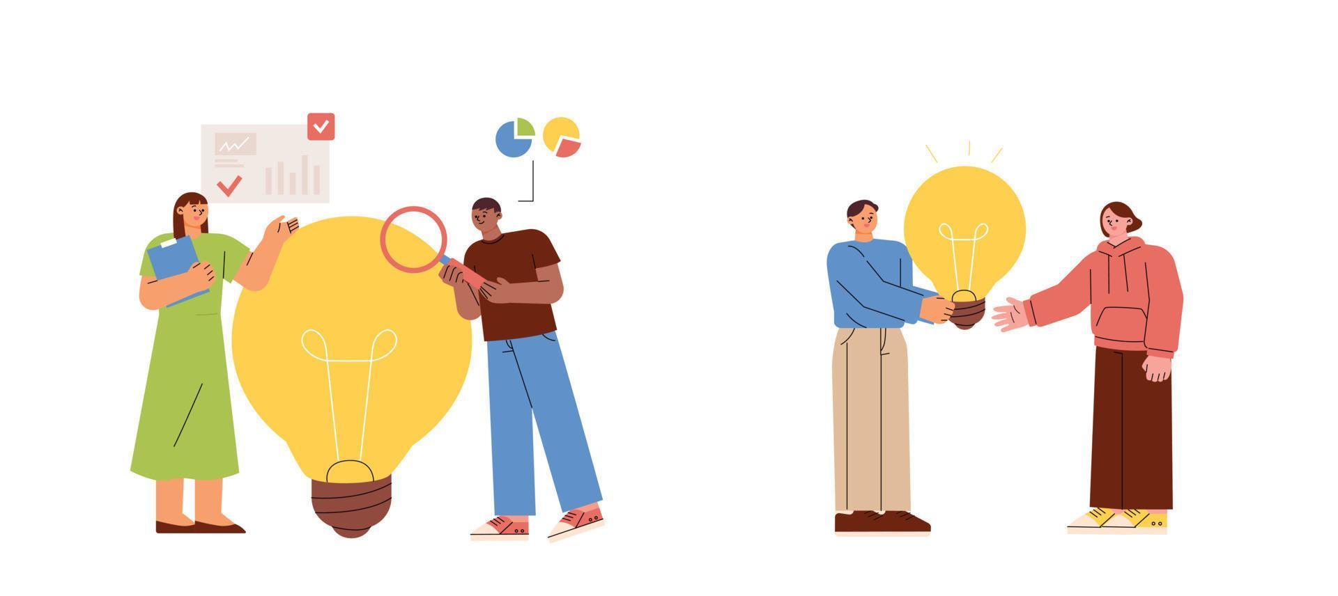 People are analyzing a giant light bulb or passing it on to someone else. flat vector illustration.