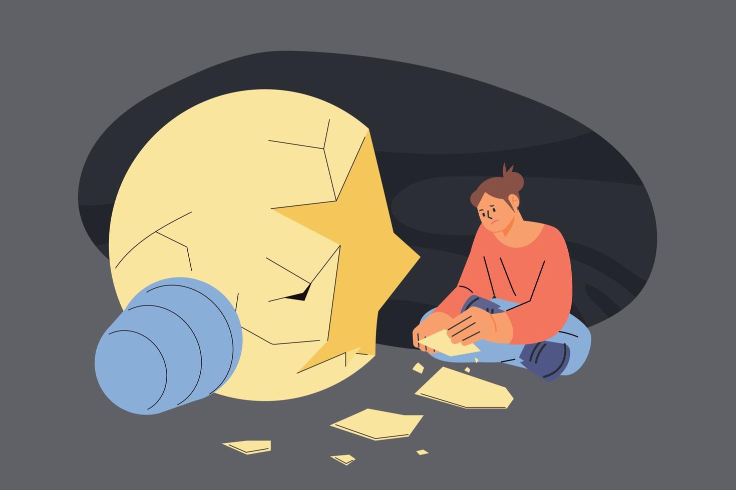A large light bulb is broken and a woman is sitting with the piece in her hand. flat vector illustration.