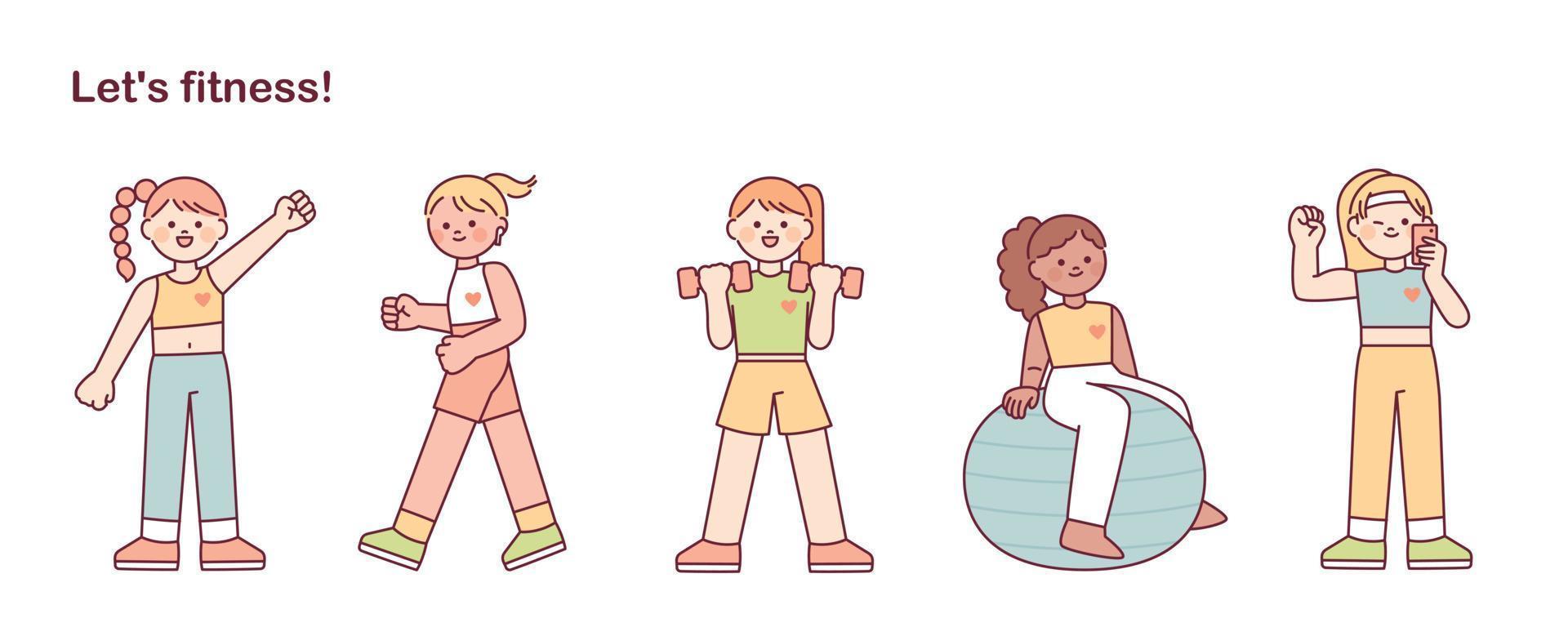 A collection of female characters exercising. flat vector illustration.