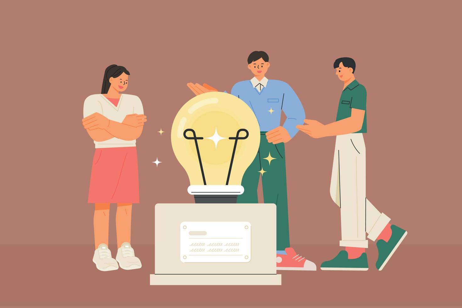 People are having a conversation with a light bulb trophy in the center representing a successful idea. vector