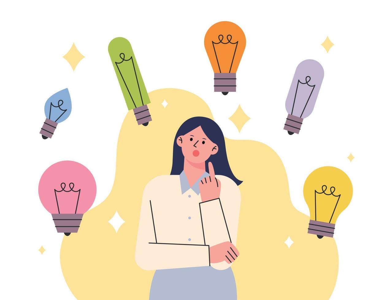 A woman is contemplating and various light bulbs are floating around her head. flat vector illustration.