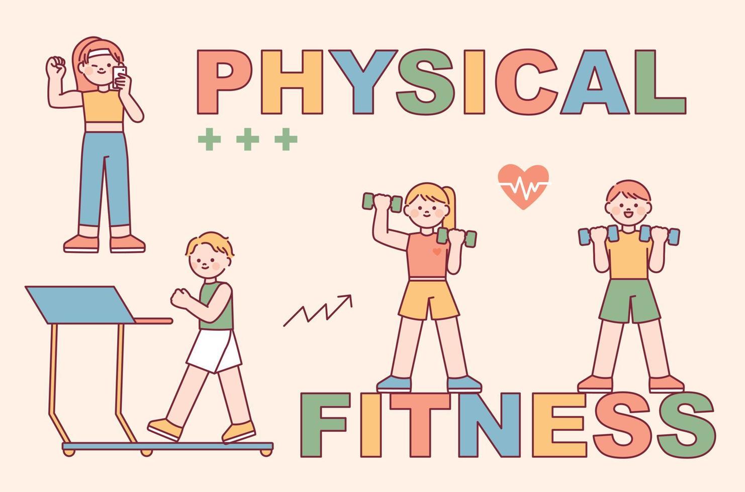 fitness center. Cute character people are exercising with exercise equipment. vector