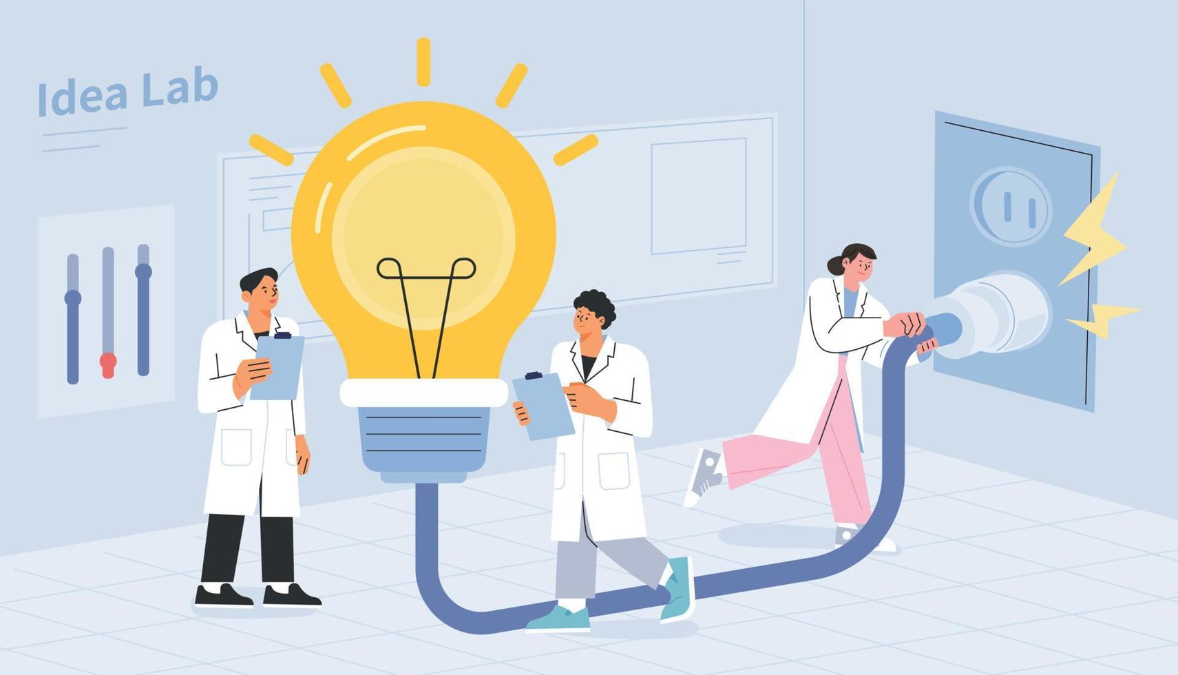 Researchers in the lab analyze and light a giant light bulb. flat vector illustration.
