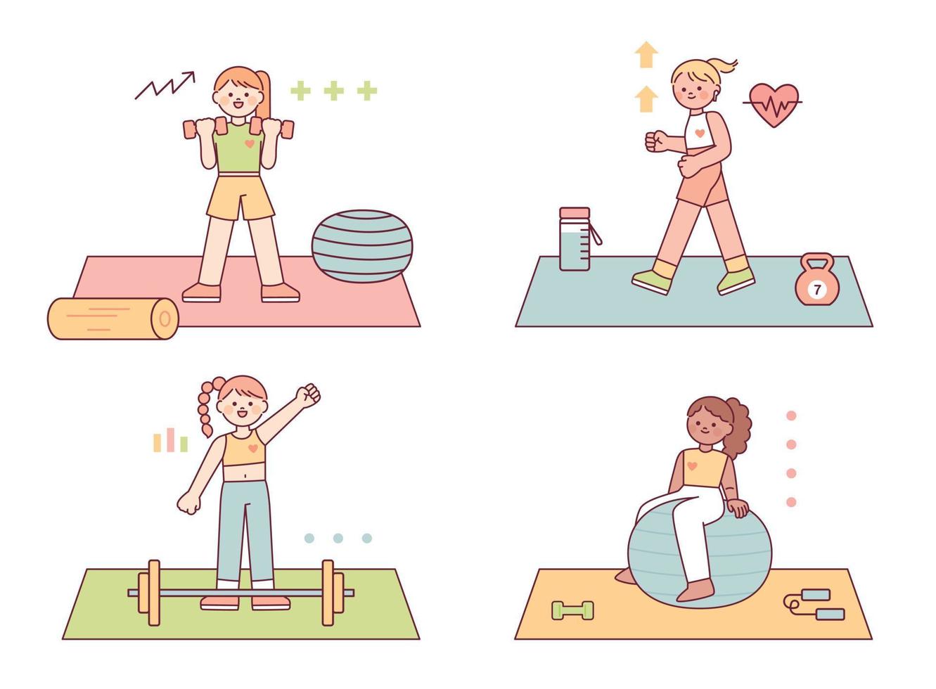 Cute little girls are exercising with various exercise equipment. flat vector illustration.