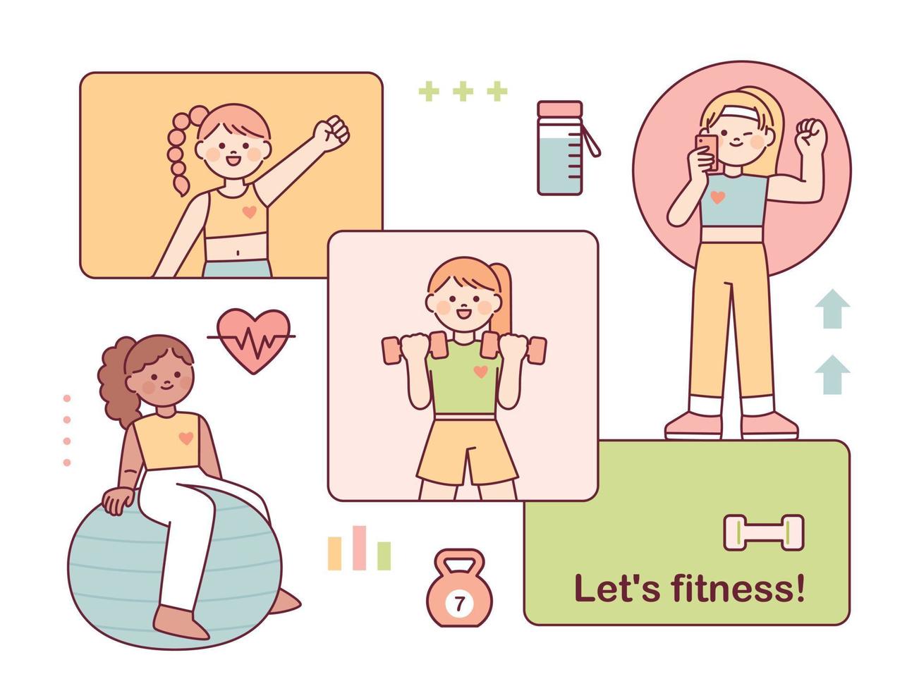 girls exercising. Design made up of frames and icons. flat vector illustration.