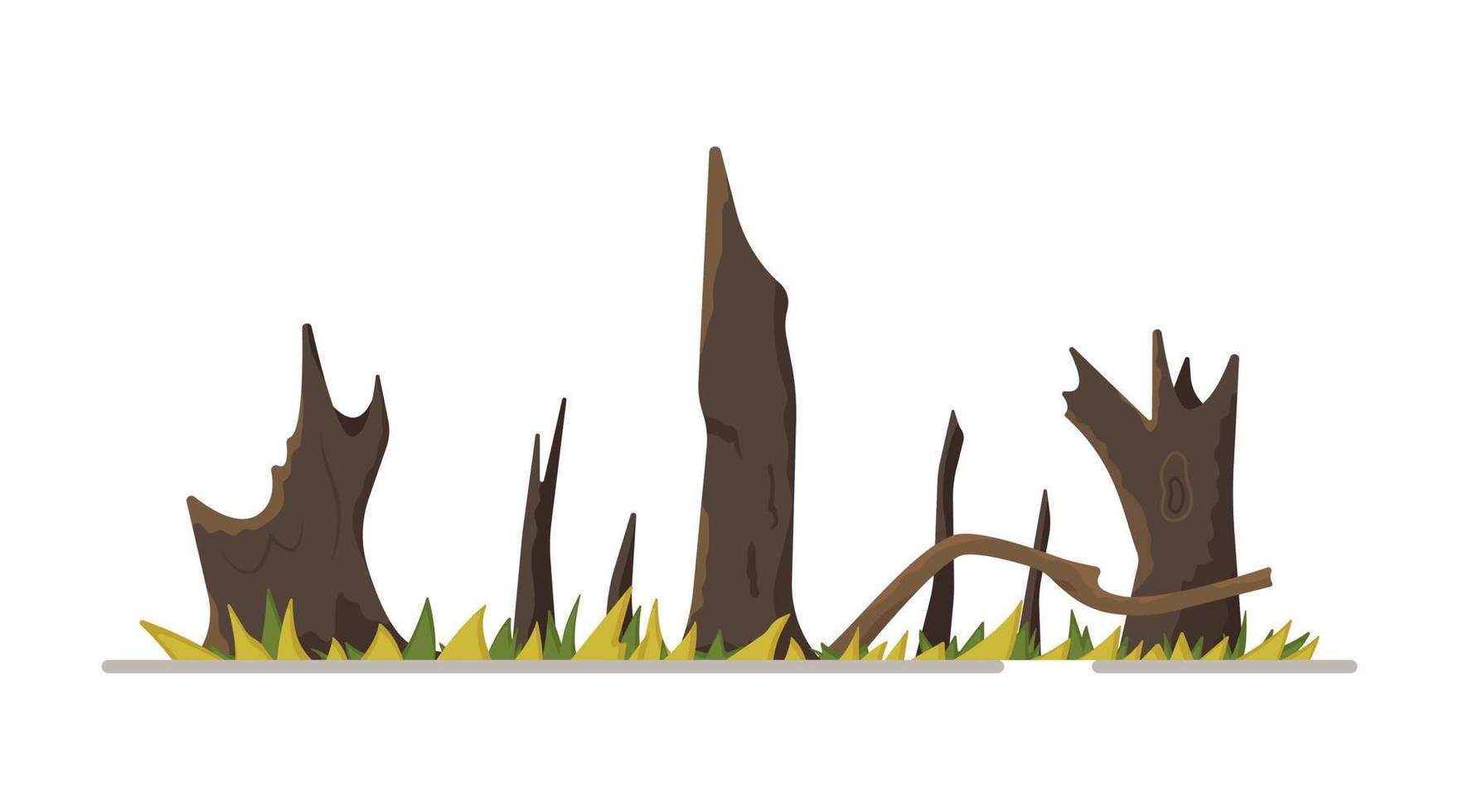Vector illustration after fire. The aftermath of a fire. Dry scorched branches.