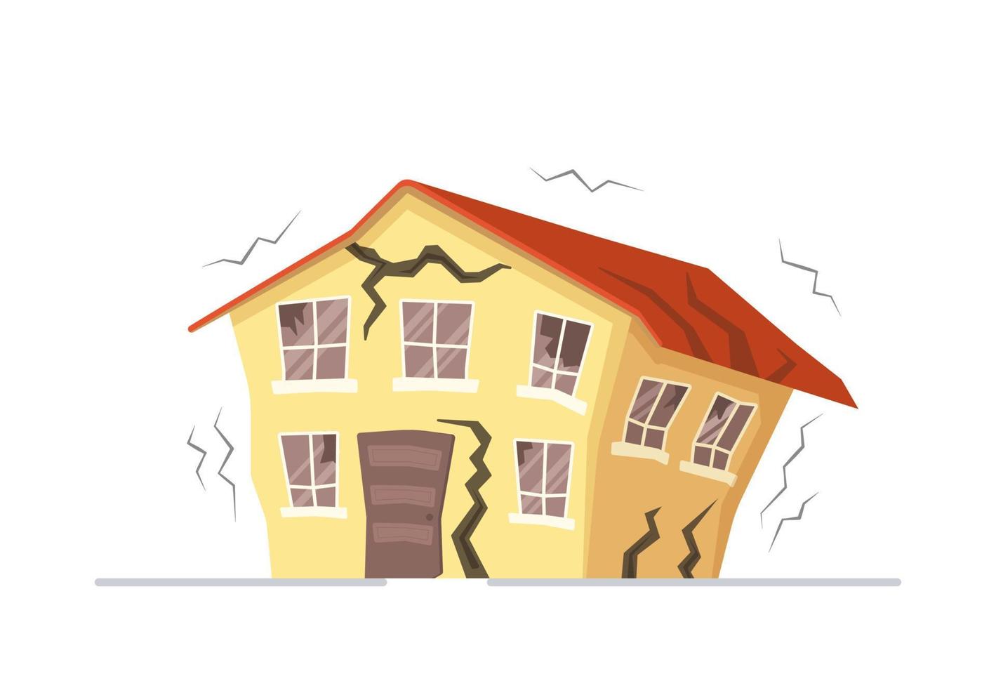 Vector illustration of home earthquakes. Yellow earthquake sprayed house isolated on white background.