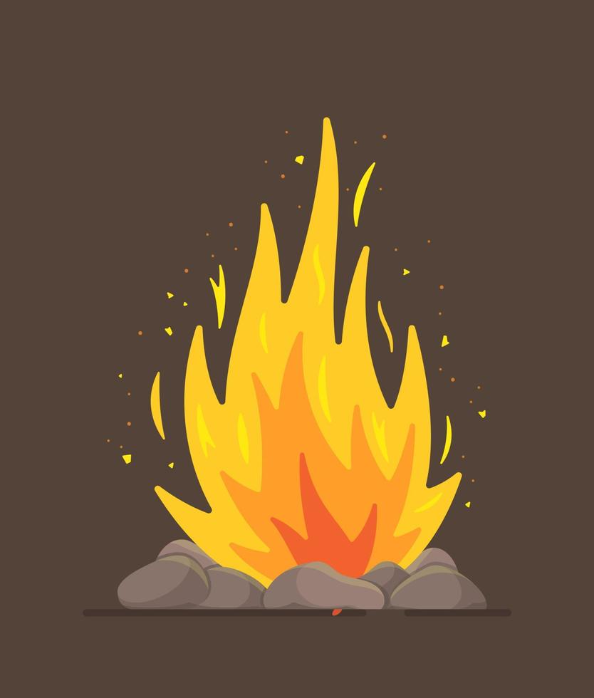 ilustración vectorial de fuego de campamento. una fogata ardiente aislada en un fondo marrón. llama en un estilo plano. iniciar un incendio. calentamiento cerca de una fogata. vector