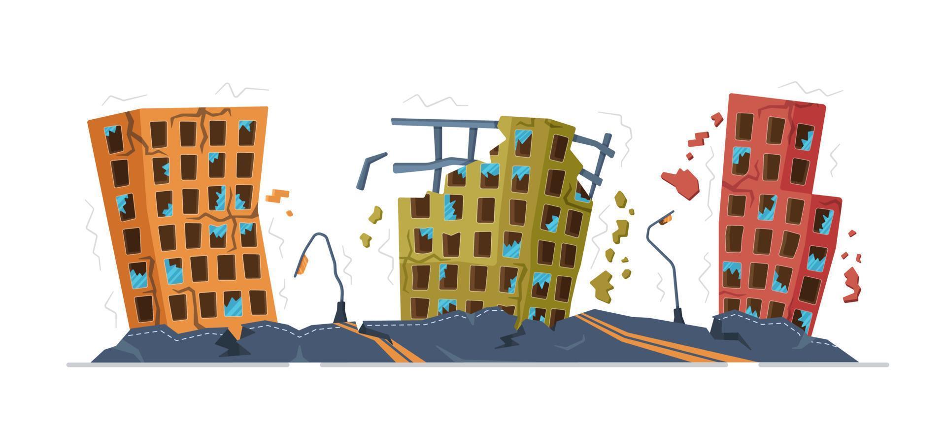 Vector illustration of the city earthquake. Destroyed city