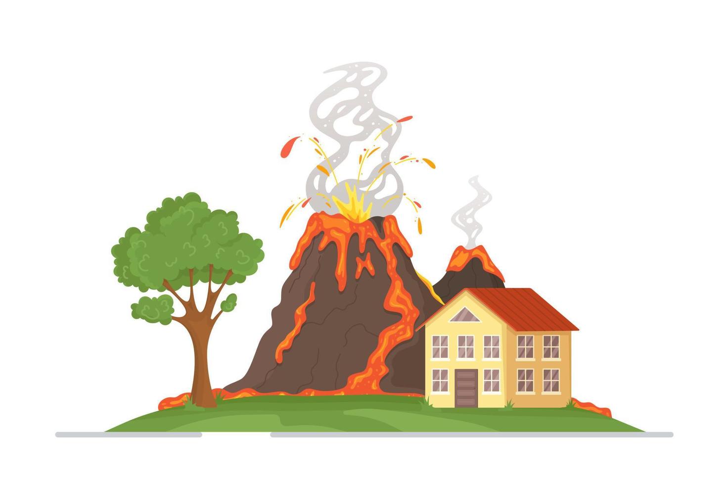 Vector illustration of the concept of a volcano in the city on a white background. Flat picture. Volcanic eruption with flowing lava.