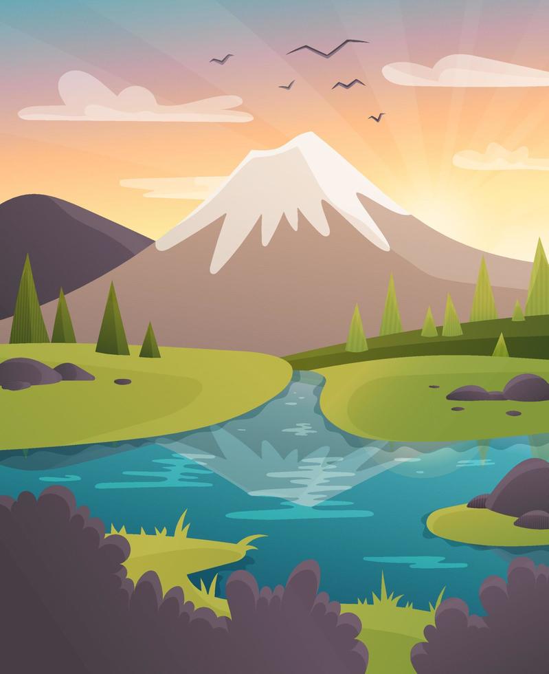 un hermoso paisaje de una mañana de montaña. ilustración vectorial de la vida silvestre. florecer. montañas de la mañana. río. vector
