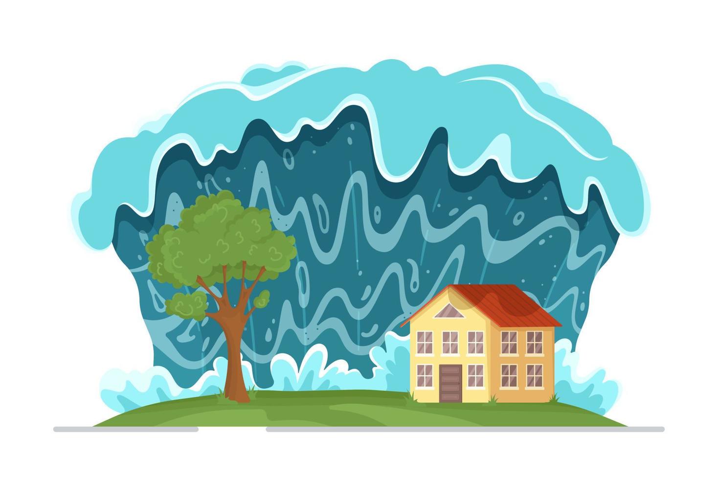 Vector illustration of tsunami. Tsunami waves approaching the beach. Natural disaster. The flooded city.