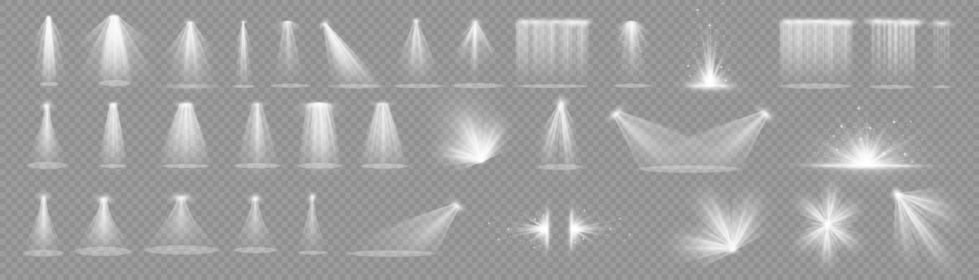 Vector spotlight. White color light effect. Glowing isolated golden sparkling light effect. Spark spotlight special effect design. Ray vector element.