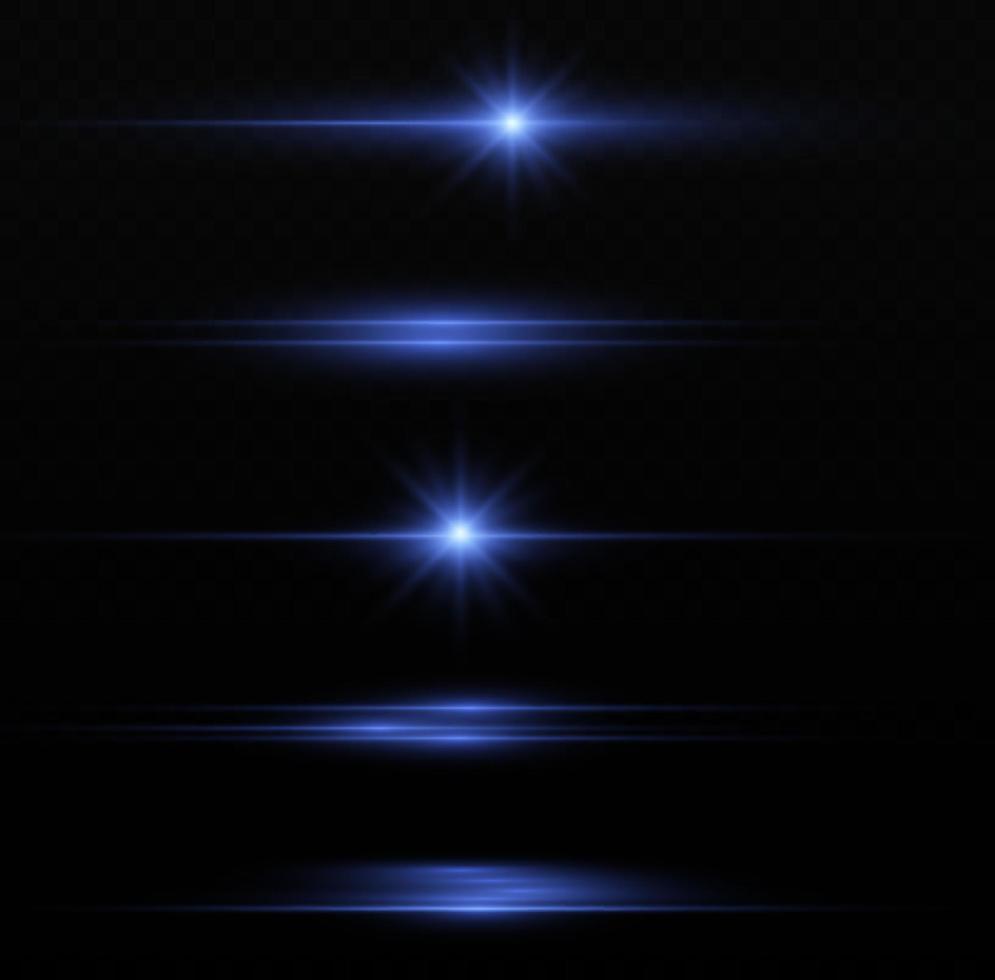 paquete de destellos de lentes horizontales azules. rayos láser, rayos de luz horizontales. hermosos destellos de luz. luz de flash con chispas de polvo de hadas y estrellas doradas brillan. luz de brillo polvoriento. vector