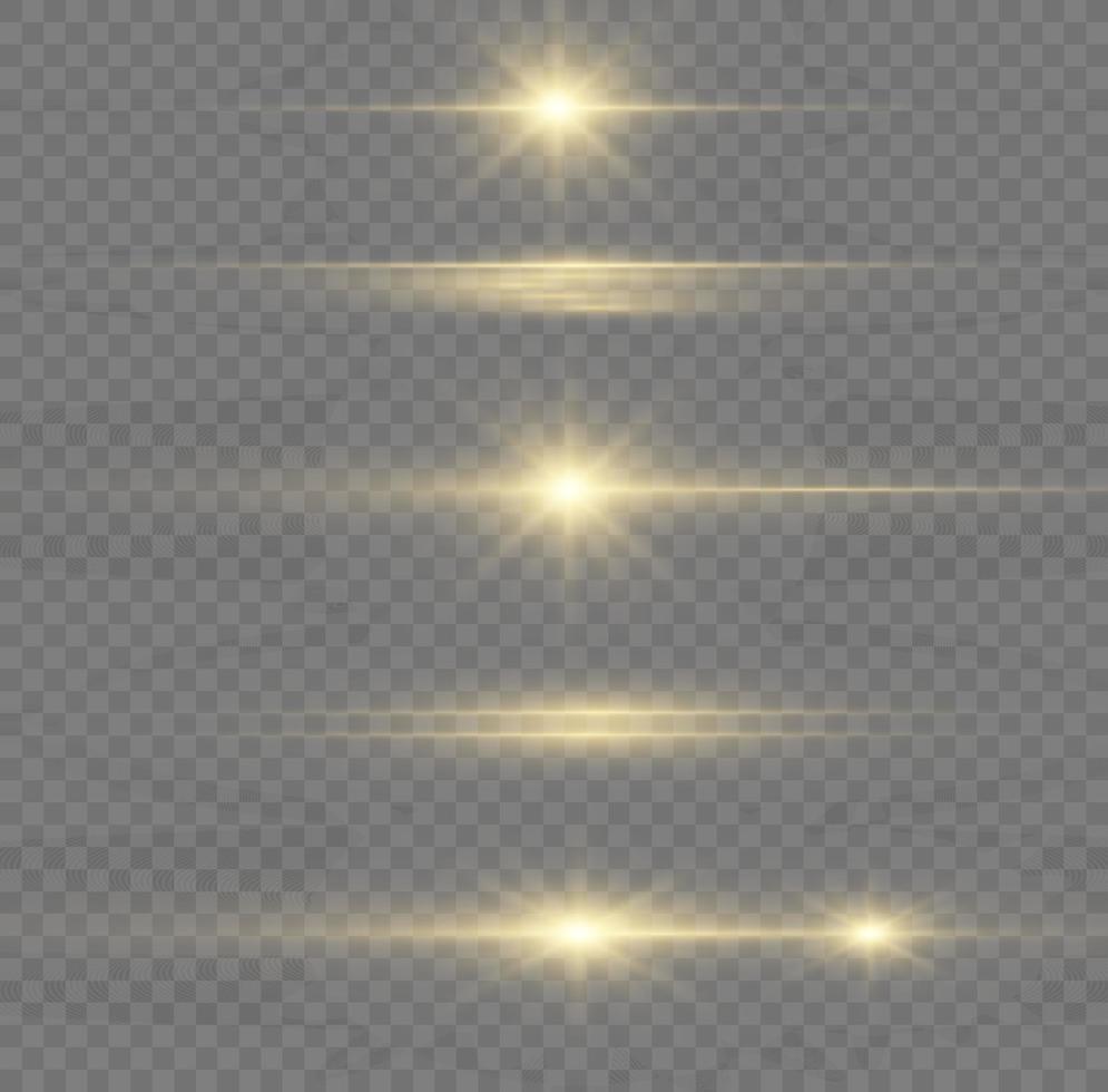 paquete de destellos de lentes horizontales amarillas. rayos láser, rayos de luz horizontales. hermosos destellos de luz. luz de flash con chispas de polvo de hadas y estrellas doradas brillan. luz de brillo polvoriento. vector