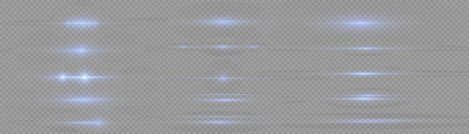 Blue horizontal lens flares pack. Laser beams, horizontal light rays. Beautiful light flares. Flash light with fairy dust sparks and golden stars shine. Dusty shine light. vector