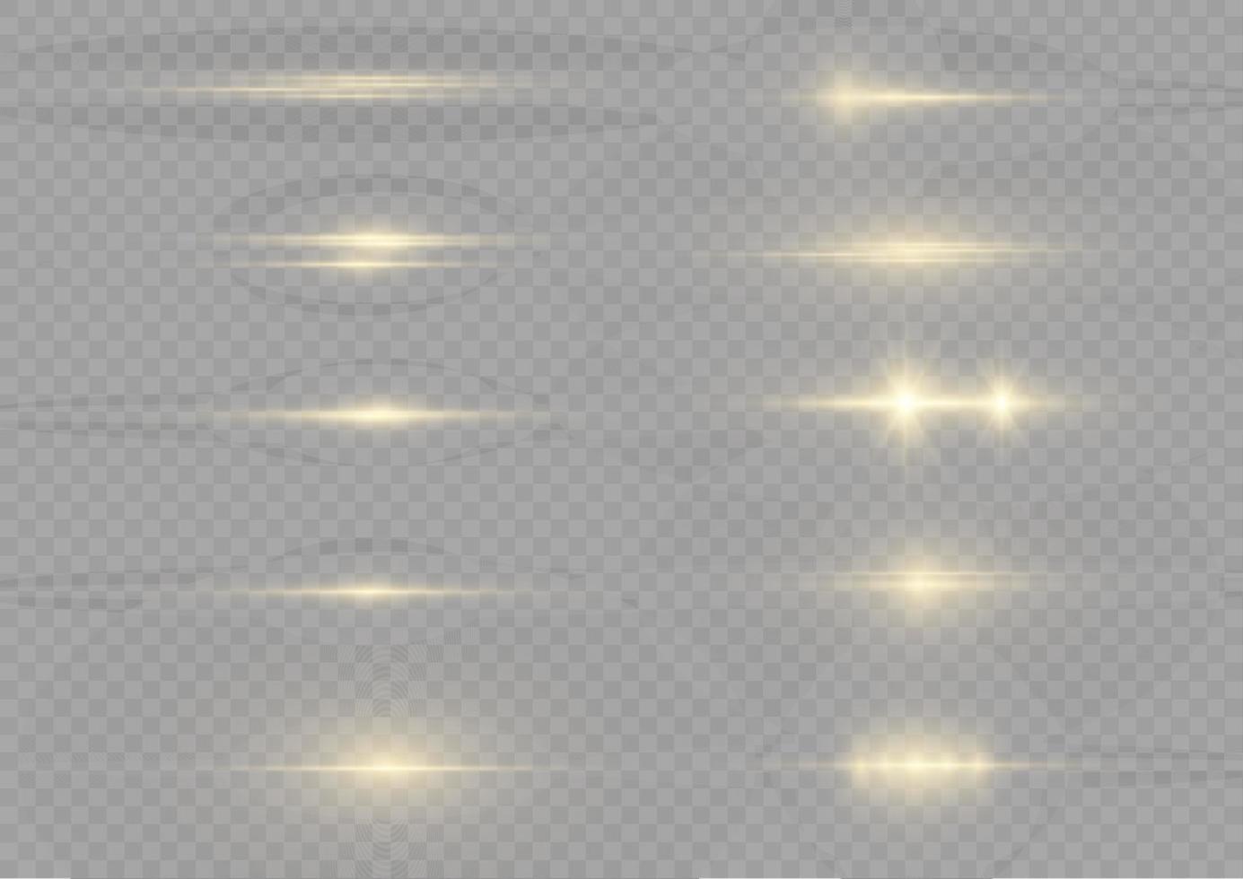 Yellow horizontal lens flares pack. Laser beams, horizontal light rays. Beautiful light flares. Flash light with fairy dust sparks and golden stars shine. Dusty shine light. vector