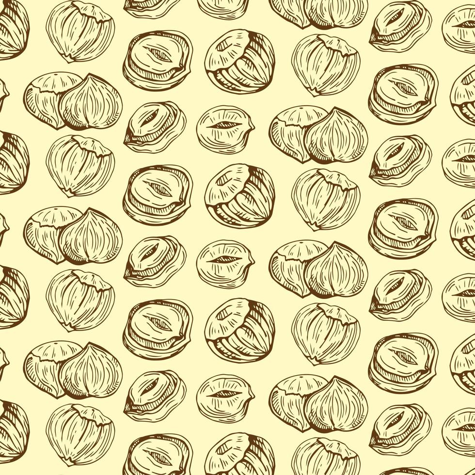 Seamless vector pattern with linear outline hazelnut. Sketches of nuts in vintage style
