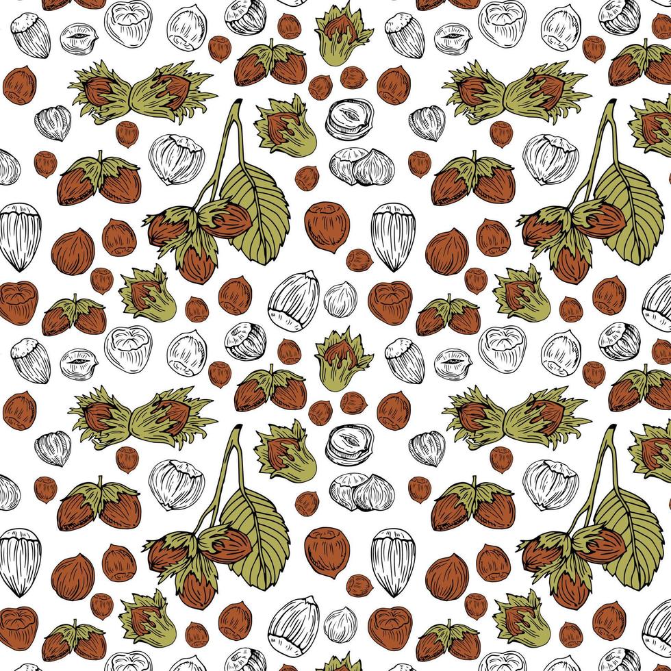 seamless pattern of a set of hazelnuts  kernels, for menu design or confectionery, textiles, vector illustration with colored contour lines on a brown background in doodle  hand drawn style