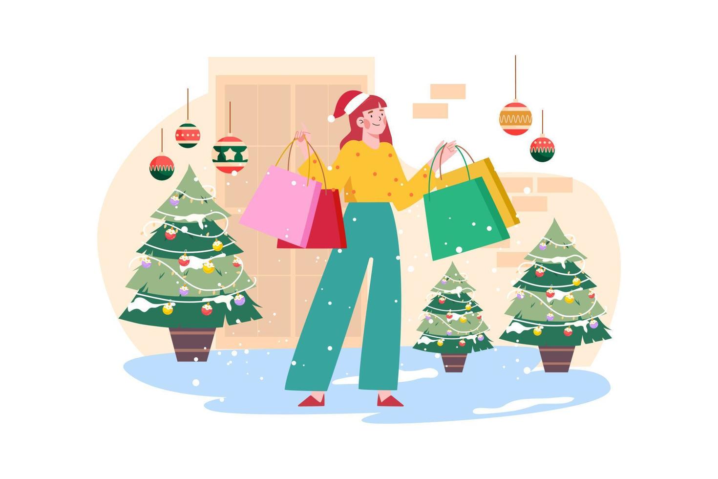 mujer va de compras para las vacaciones de navidad vector