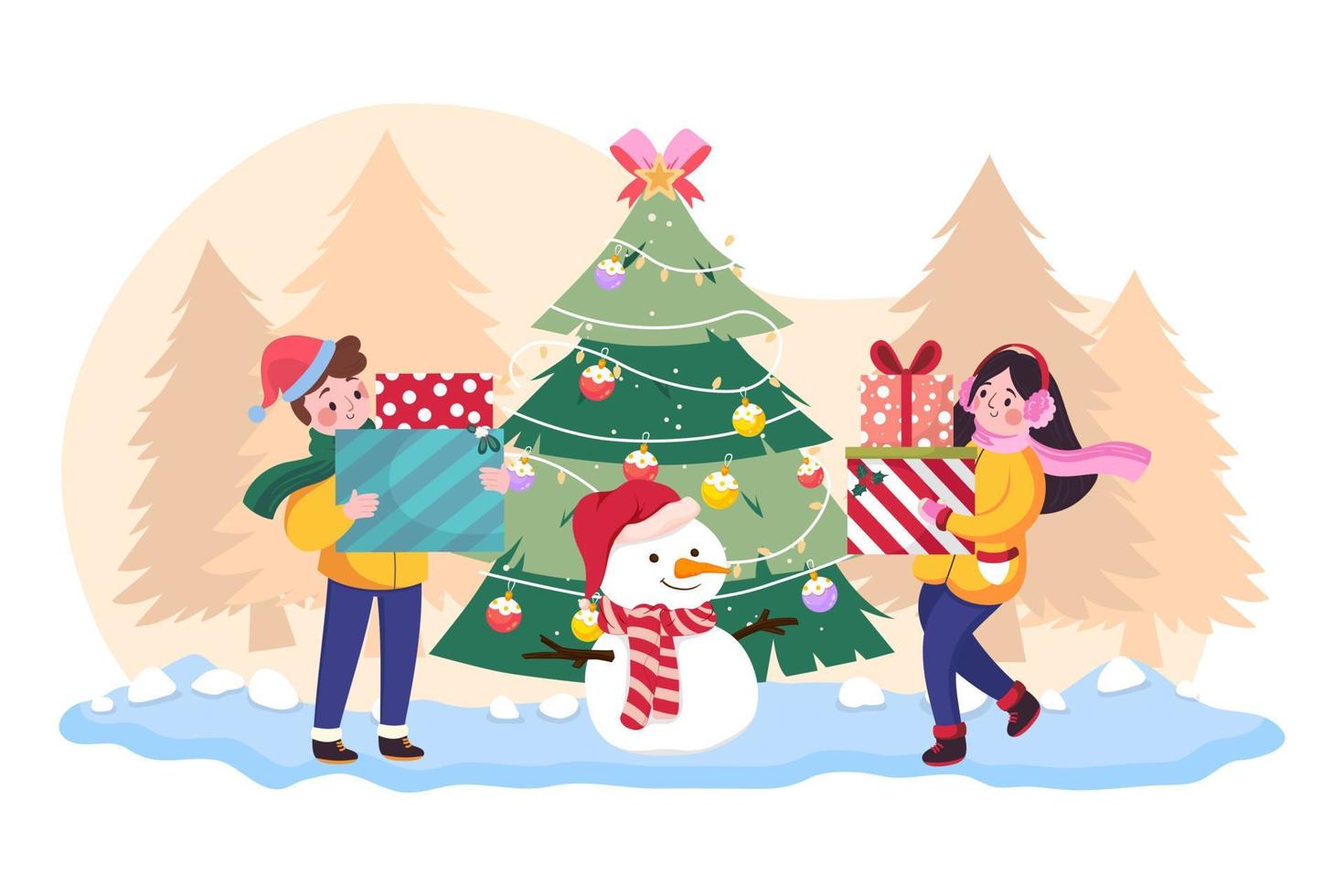 Children playing snowman together outdoors vector