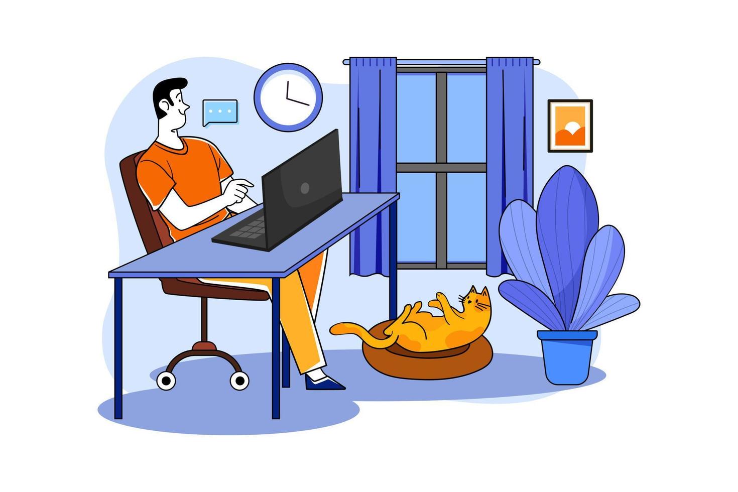 Guy sitting at a table on the laptop at home vector