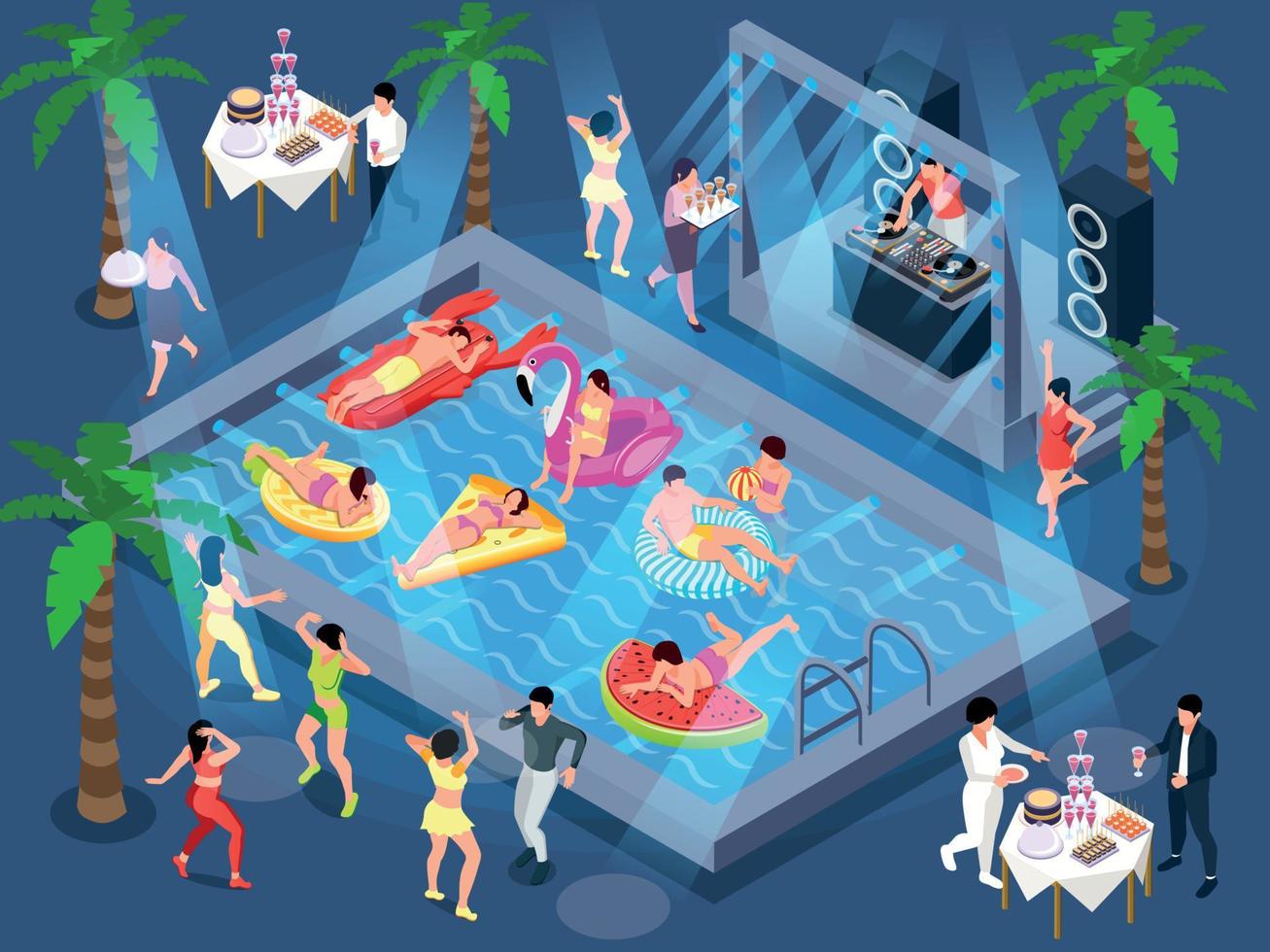 composición de personas de fiesta en la piscina vector