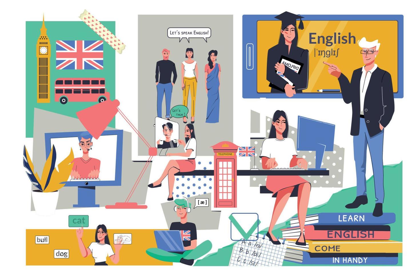 English Learning Flat Collage vector