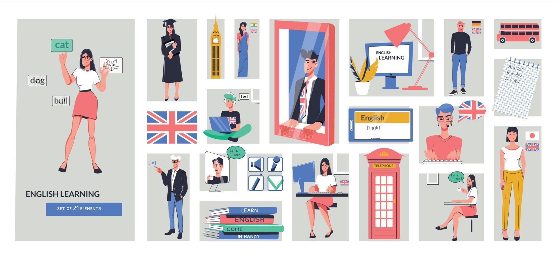 English Learning Flat Composition vector