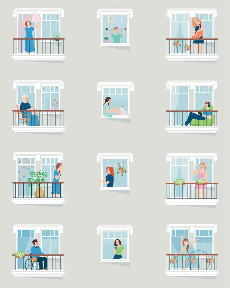 Neighbours In Their Windows Flat Icons vector