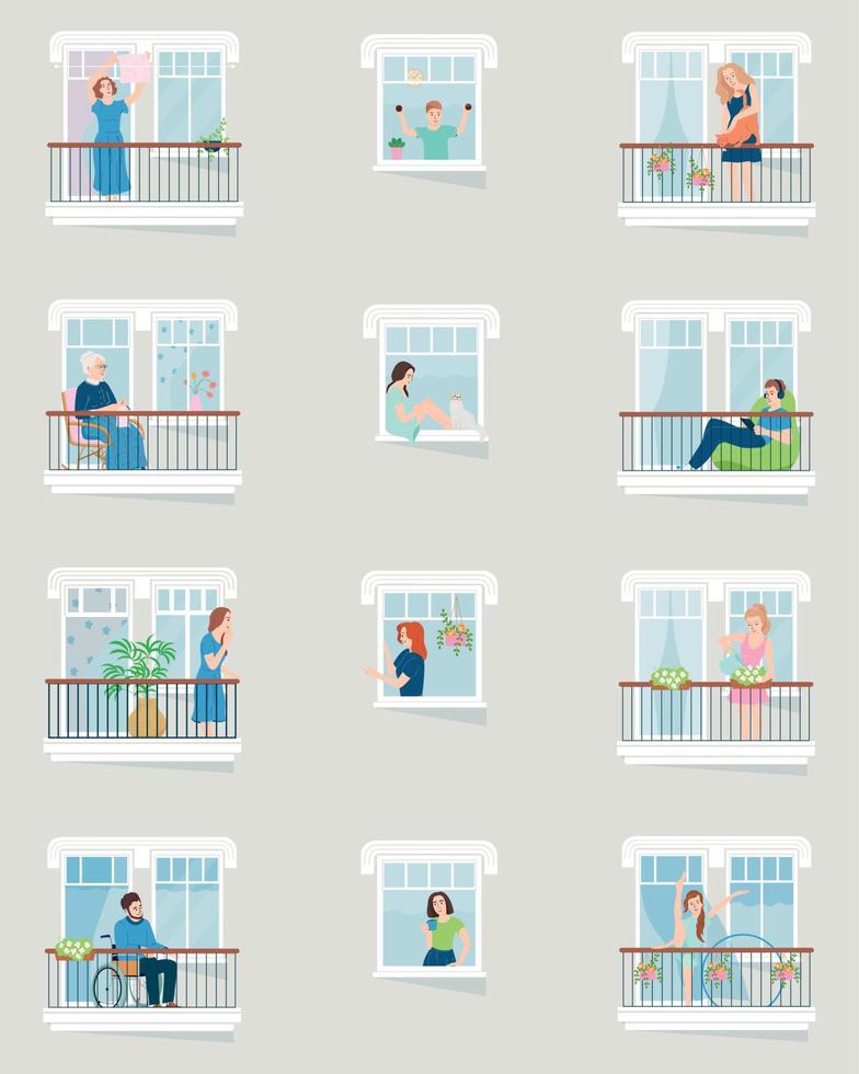 vecinos en sus ventanas iconos planos vector