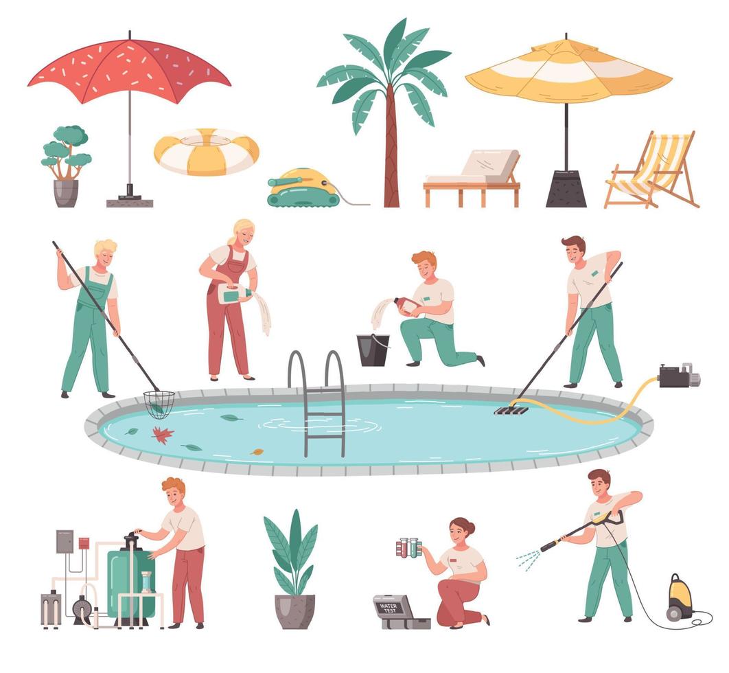 Pool Mantenance Service Cartoon Set vector