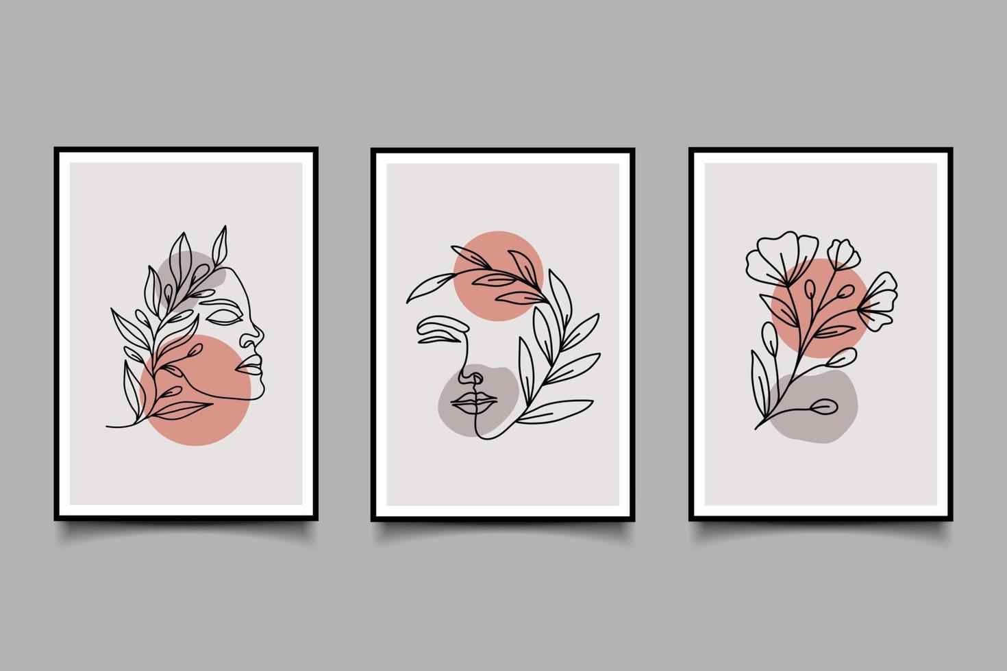 retratos de mujer minimalista boho dibujados a mano con diseño de cartel de arte de línea de hojas vector