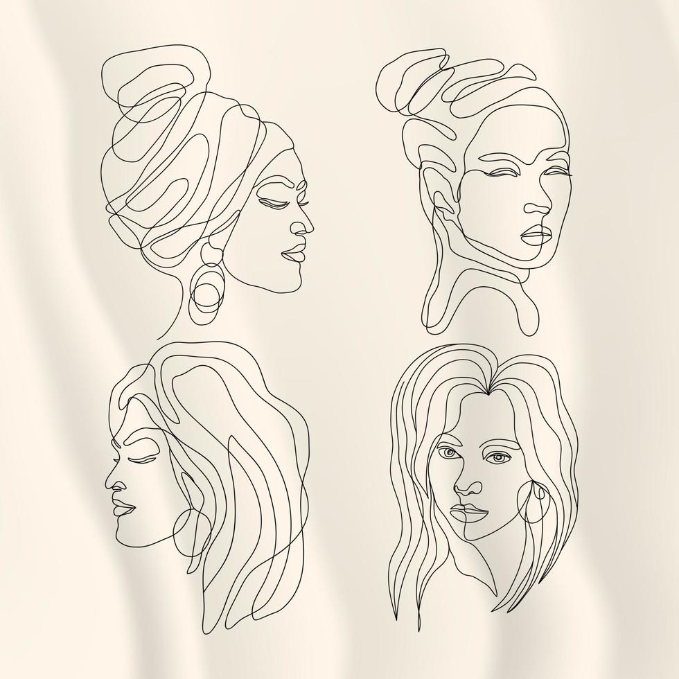 conjunto de mujer de arte de línea de cara mínima, afiche de retrato de mujer, dibujo de línea continua vector