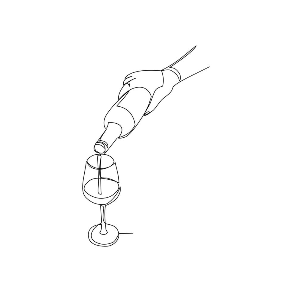 Vector illustration of wine bottle and glass drawn in line art style