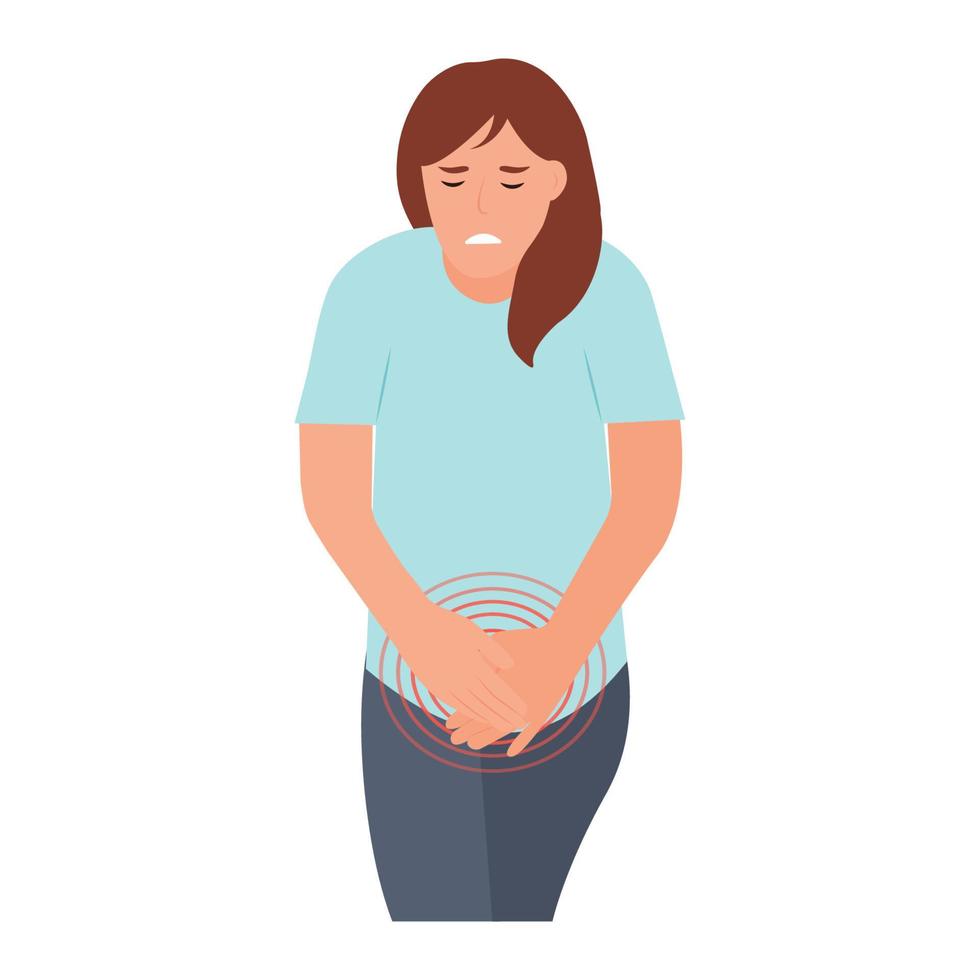 Woman feeling severe pain in the lower abdomen. Bladder disease. Pain during menstruation, cystitis, urethritis, incontinence or other problems of the urethra. Isolated, vector illustration