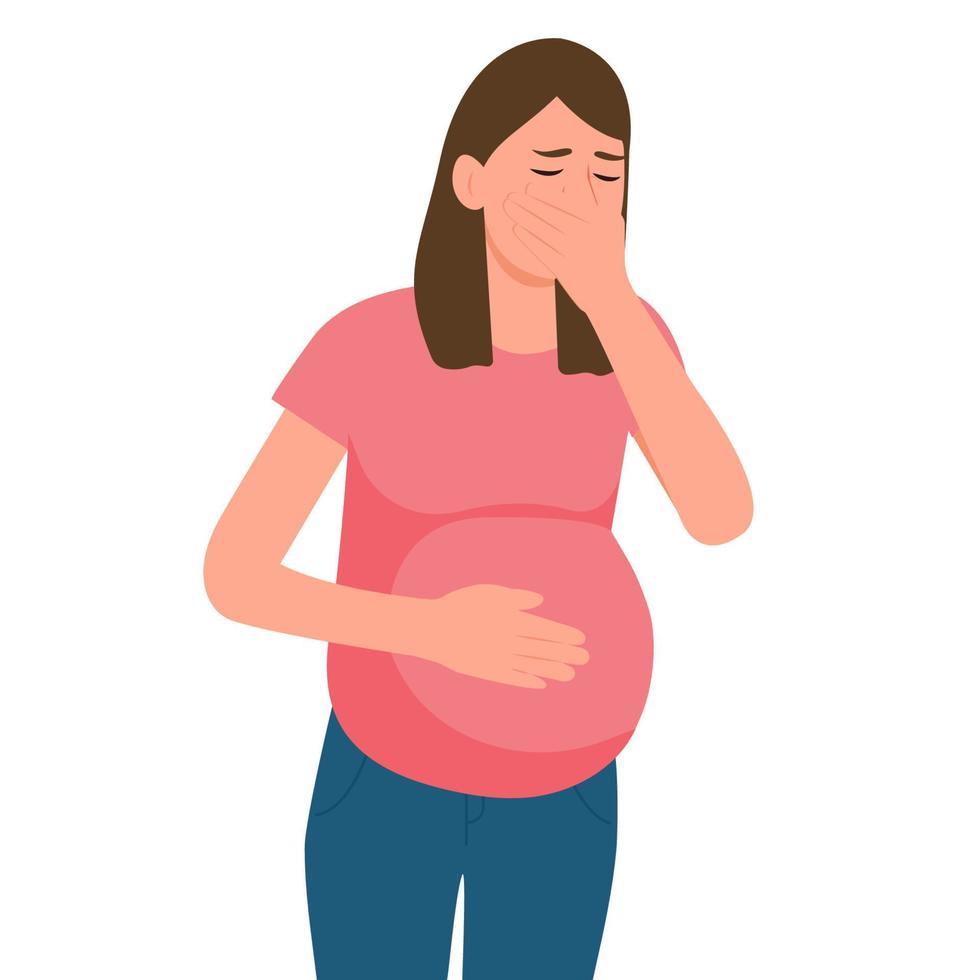 la mujer embarazada sufre de náuseas. náuseas durante el embarazo, vómitos. síntoma de enfermedad, problemas de salud. envenenamiento, dolor abdominal. ilustración de vector plano aislado