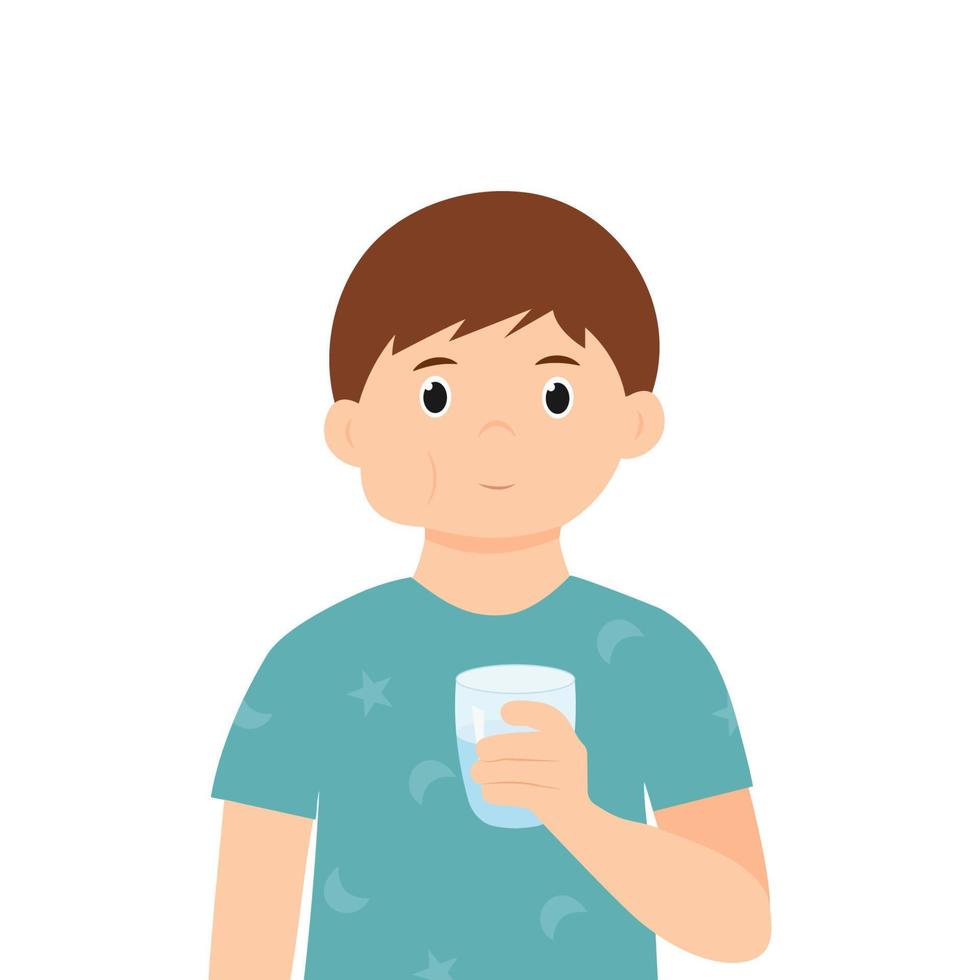 Little boy in pajamas gargles using mouthwash from a glass. Daily oral hygiene vector