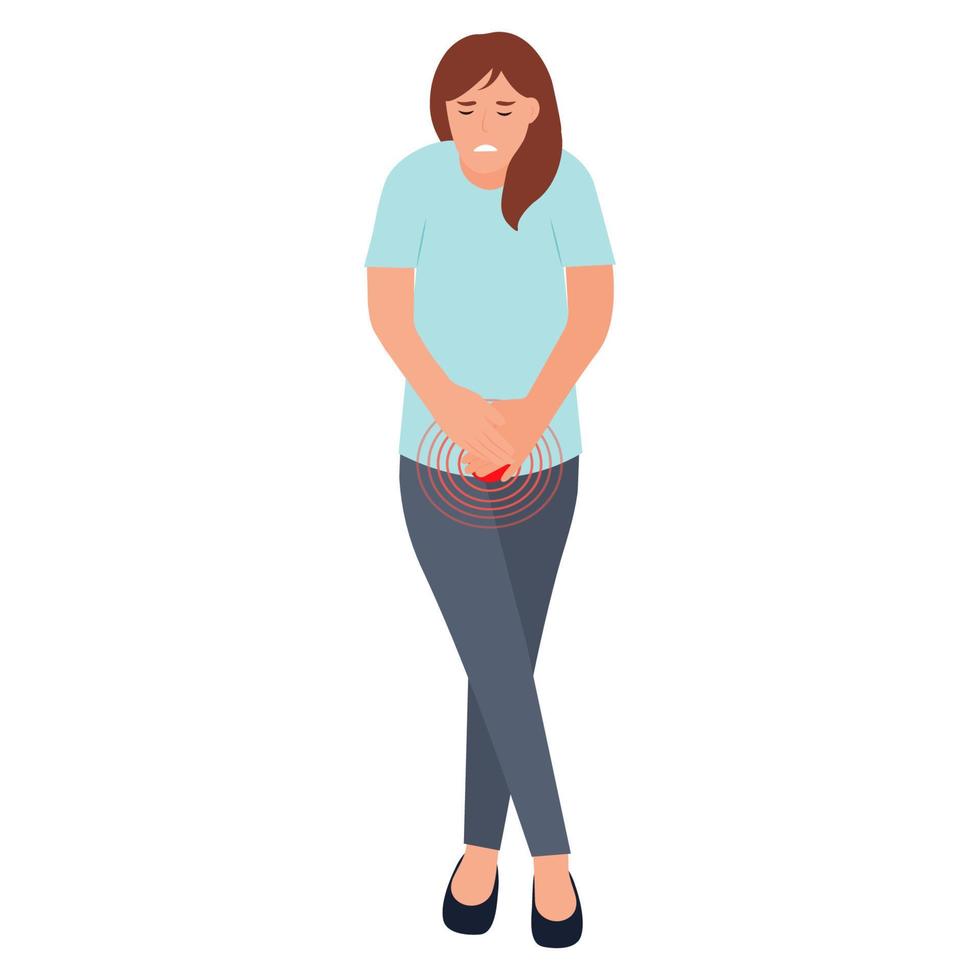 Woman feeling severe pain in the lower abdomen. Bladder disease. Pain during menstruation, cystitis, urethritis, incontinence or other problems of the urethra. Isolated, vector illustration