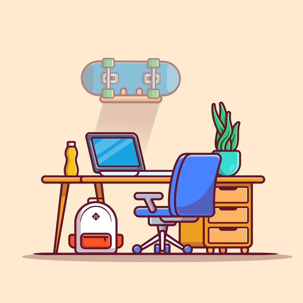 Workspace Laptop With Skateboard, Plant And Bag Cartoon Vector Icon Illustration. Workplace Technology Icon Concept Isolated Premium Vector. Flat Cartoon Style