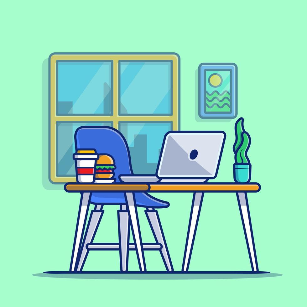 Workspace Laptop With Burger And Plant Cartoon Vector Icon Illustration. Workspace Technology Icon Concept Isolated Premium Vector. Flat Cartoon Style