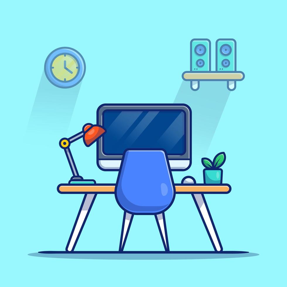 Workspace Computer With Lamp And Plant Cartoon Vector Icon Illustration. Workplace Technology Icon Concept Isolated Premium Vector. Flat Cartoon Style
