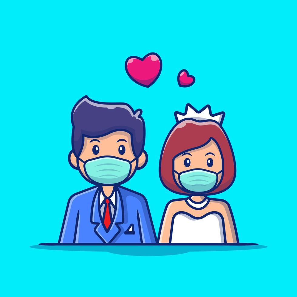 Cute Couple Marriage Man And Woman Wearing Mask Cartoon Vector Icon Illustration. People Wedding Icon Concept Isolated Premium Vector. Flat Cartoon Style