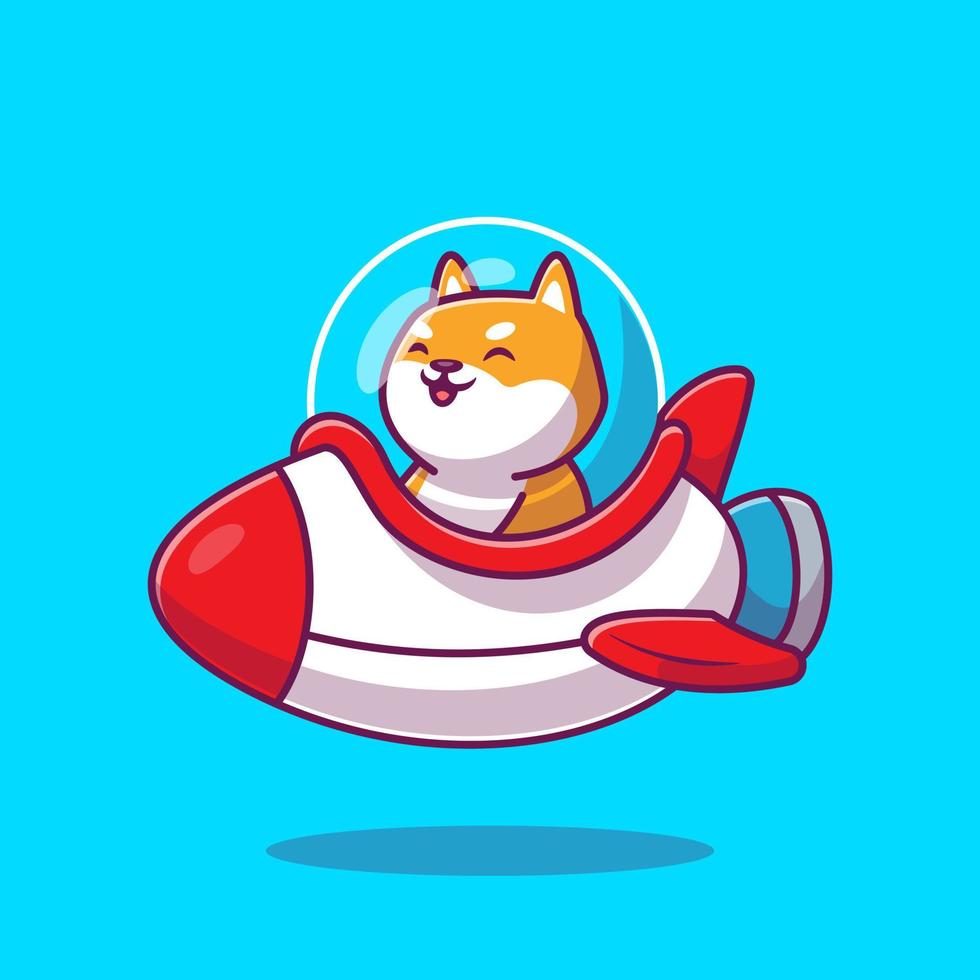 Cute Shiba Inu Riding Rocket Cartoon Vector Icon Illustration. Animal Transportation Icon Concept Isolated Premium Vector. Flat Cartoon Style