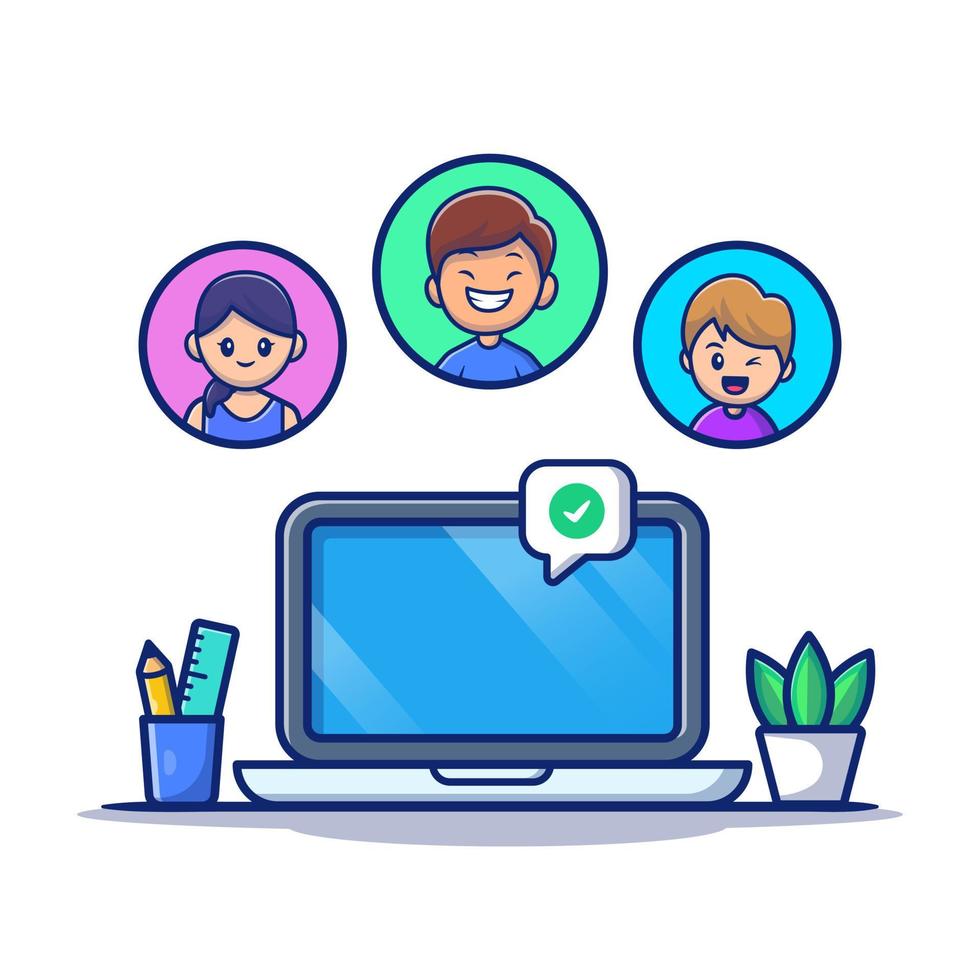 Meeting Online People With Laptop Cartoon Vector Icon Illustration. People Technology Icon Concept Isolated Premium Vector. Flat Cartoon Style